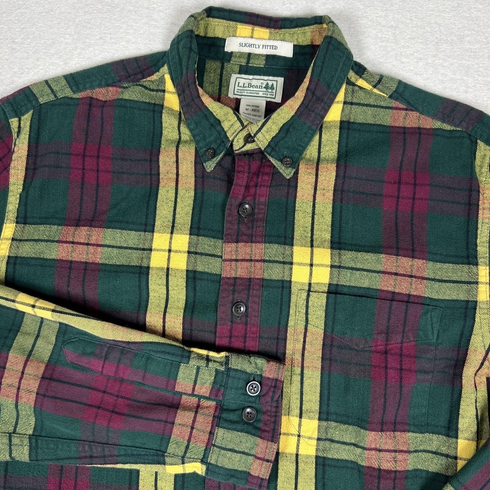 L.L. Bean‎ Shirt Mens Medium Green Yellow Plaid Flannel Long Sleeve Button Up
